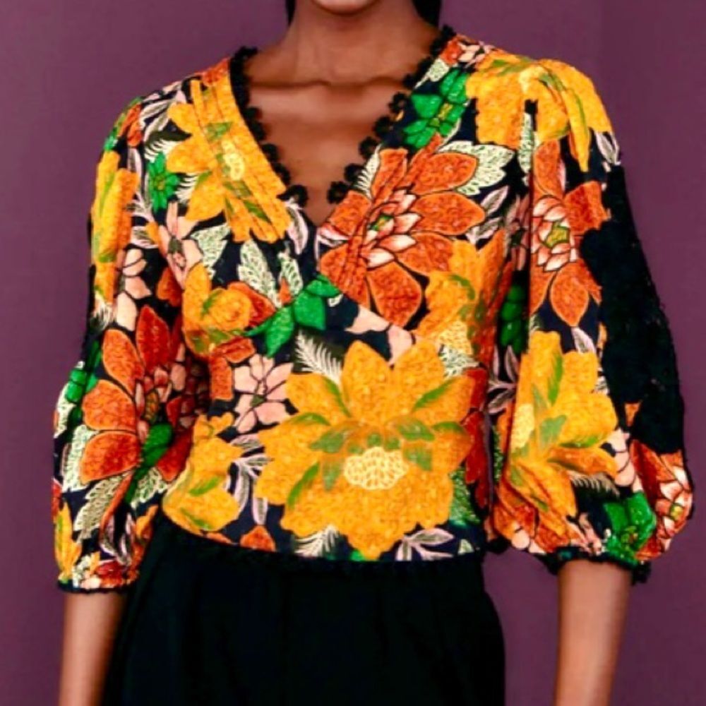 NEW Farm Rio Black Garden Puff Sleeve Blouse Tropical Floral Lace Inset Size S